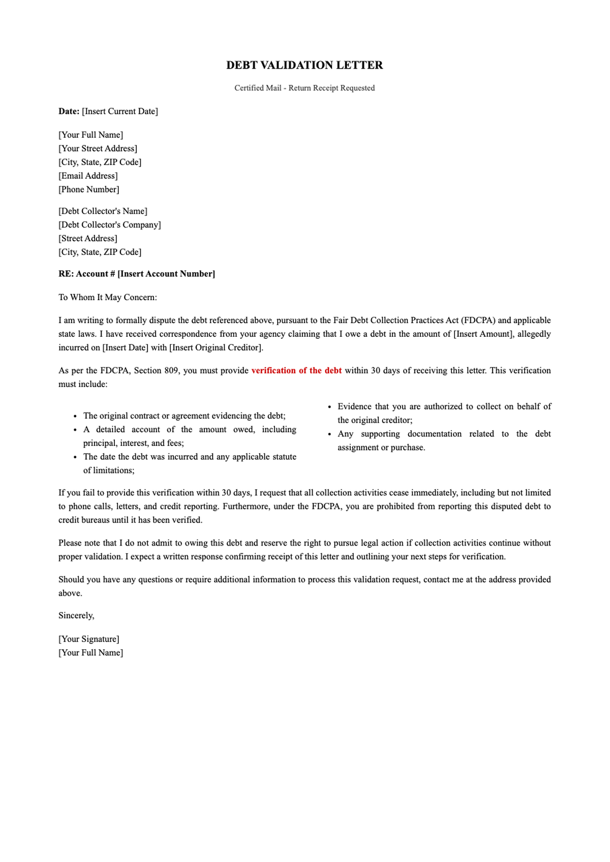 10 free debt verification letters sample template with FDCPA notice_variant_2